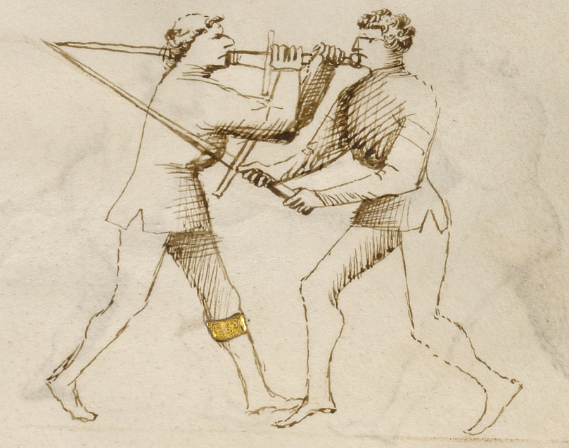 A diagram from the Fiore fencing manual showing two fencers, with one hitting the other in the face with the pommel of their sword